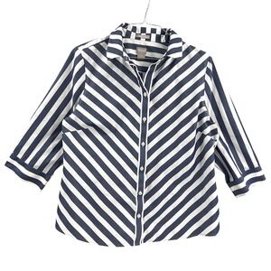 Chicos Blue White Shirt Chevron Wide Stripe No Iron Stain Shield Button Up 2 L